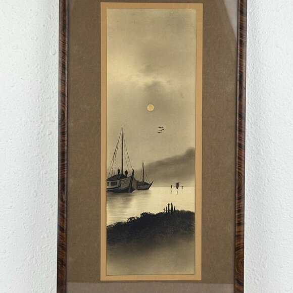 Antique Japanese Landscape Painting Mountain & Boats - Picture 1 of 10